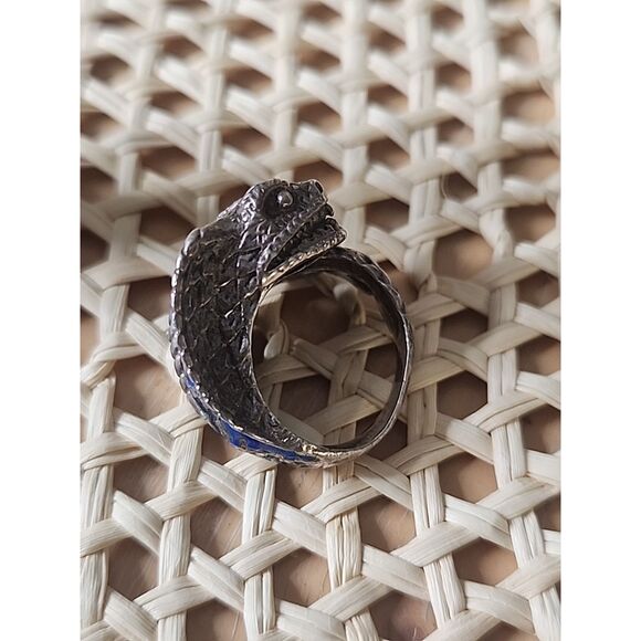 Vintage Sterling Silver Blue Green Enamel Coiled Snake Ring size 6 - Picture 8 of 9